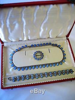 Vintage Signed Volmer Bahner Denmark Sterling Blue Guilloche Enamel Necklace Set