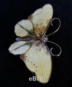 Vintage Sterling Enamel 2 1/2 Butterfly Pin Hroar Prydz Norway Yellow Brown