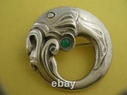 Vintage Sterling GEORG JENSEN Pin / Brooch Fish with Green Cabochon Denmark