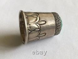 Vintage Sterling Signed Georg Jensen Decorated Thimble With Green Agate Top