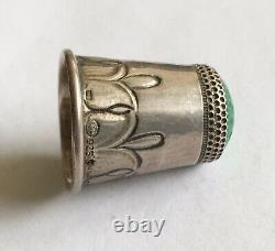 Vintage Sterling Signed Georg Jensen Decorated Thimble With Green Agate Top