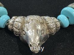 Vintage Sterling Silver 925 BLUE TURQUOISE BEAD Heavy RAM'S HEAD Tribal NECKLACE