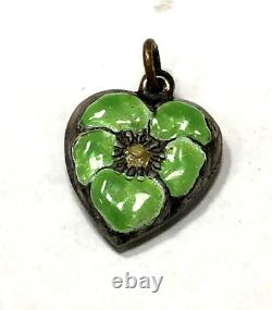 Vintage Sterling Silver Green Enamel Floral Pansy Puffed Heart Charm