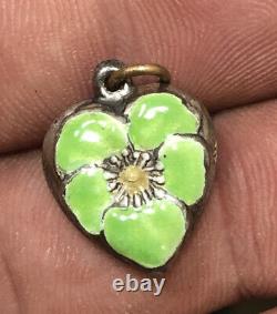 Vintage Sterling Silver Green Enamel Floral Pansy Puffed Heart Charm