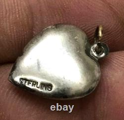 Vintage Sterling Silver Green Enamel Floral Pansy Puffed Heart Charm