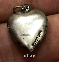 Vintage Sterling Silver Green Enamel Floral Pansy Puffed Heart Charm