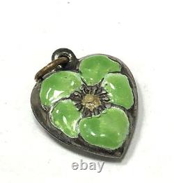 Vintage Sterling Silver Green Enamel Floral Pansy Puffed Heart Charm