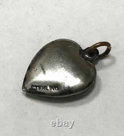 Vintage Sterling Silver Green Enamel Floral Pansy Puffed Heart Charm