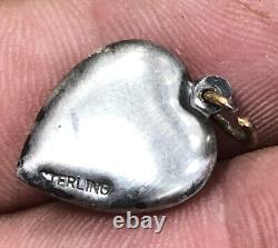 Vintage Sterling Silver Green Enamel Floral Pansy Puffed Heart Charm