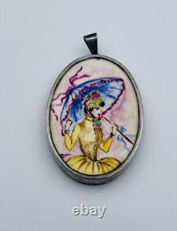Vintage Swedish Sterling Silver Hand Painted Lady with Umbrella Porcelain Pendant