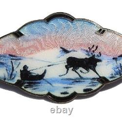 Vintage Theodor Olsens Reindeer Sledding Brooch Guilloche Enamel Sterling Silver