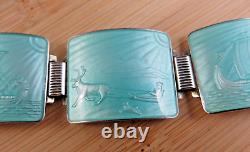 Vintage Thune Norway Sterling Silver Aqua Blue Enamel Viking Ship Bracelet #110