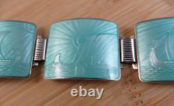 Vintage Thune Norway Sterling Silver Aqua Blue Enamel Viking Ship Bracelet #110