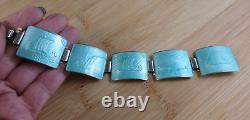 Vintage Thune Norway Sterling Silver Aqua Blue Enamel Viking Ship Bracelet #110