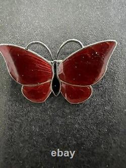 Volmer Bahner Denmark Vintage Sterling Silver Red Enamel Butterfly Brooch