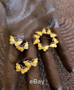 Volmer Bahner VB Sterling Denmark yellow enamel Butterfly Brooch earring set B85