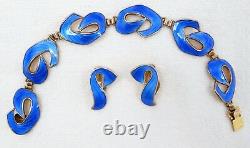 Vtg Modernist Gilt Sterling Blue Enamel Ivar Holth Norway Bracelet Earrings Set