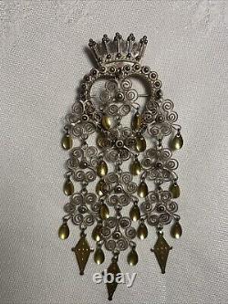 Vtg Norwegian 830S Silver Solje Heart Crown Dipped Dangles Brooch