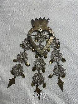 Vtg Norwegian 830S Silver Solje Heart Crown Dipped Dangles Brooch